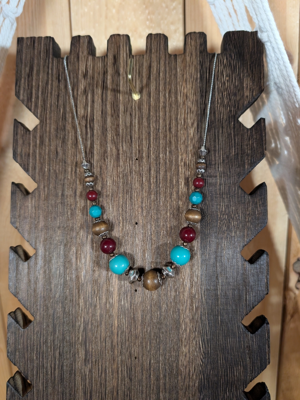 Vintage Style Turquoise & Burgundy Beaded Wooden Statement Necklace Choker